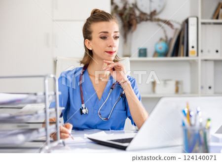 Woman doctor working effectively in her office Woman doctor working effectively in her office 124140071