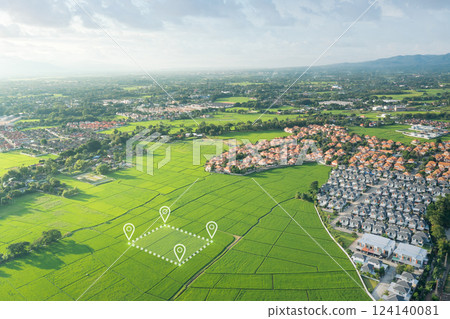 Land plot in aerial view and concept of real estate or property. Land plot in aerial view and concept of real estate or property. 124140081
