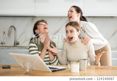 Three happy middle-aged woman expressing joy for winning in the kitchen 124140087