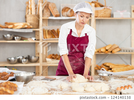 Female baker kneading dough on floury table in bakery Female baker kneading dough on floury table in bakery 124140138