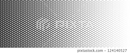 Triangle halftone gradient background. Geometric triangular tech pattern texture. Black abstract vanishing gradation wallpaper. Vector fading mosaic pop art backdrop for booklet, flyer, poster, banner 124140527
