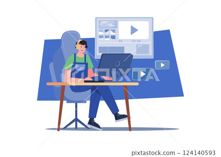 Man Editing Video Illustration concept. A flat illustration isolated on white background 124140593