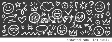 Smile brush hand drawn vector element set. Emoji fun face, heart, crown symbol crayon texture marker background kid sketch style hand drawn element. Scribble shape, smiley face. Vector 124140617