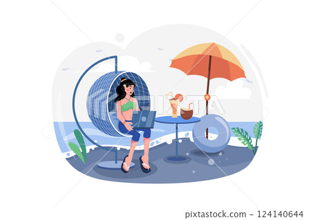 Girl Working On Vacation Illustration concept. A flat illustration isolated on white background Girl Working On Vacation Illustration concept. A flat illustration isolated on white background 124140644