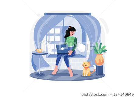 Women Working From Home Illustration concept. A flat illustration isolated on white background 124140649