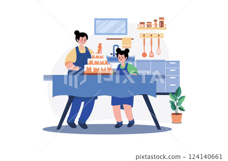 Mother and daughter making cake together 124140661