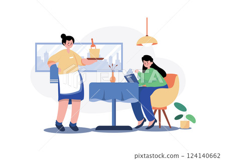 Waiter serving food to a woman 124140662