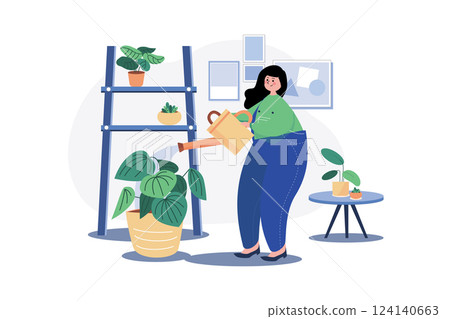 Woman caring for a houseplant Illustration concept. A flat illustration isolated on white background Woman caring for a houseplant Illustration concept. A flat illustration isolated on white background 124140663