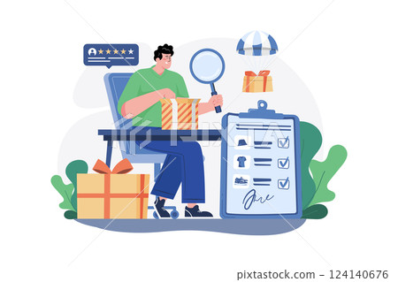 Man unpacking post-delivery with a magnifying glass 124140676
