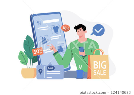 Man searching discount on online store 124140683