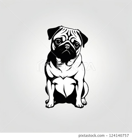 Black and white illustration of a sitting pug 124140757