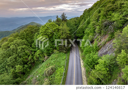 Forest road in North Carolina Appalachian mountains, USA. Blue Ridge Parkway American highway in summer rain season 124140817