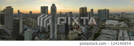 Evening urban landscape of downtown district of Miami Brickell in Florida, USA. Skyline with high skyscraper buildings in modern american megapolis 124140854