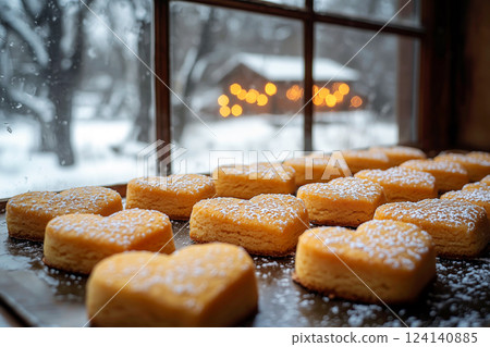 Heart-shaped biscuits lined up on a snowy window sill 124140885