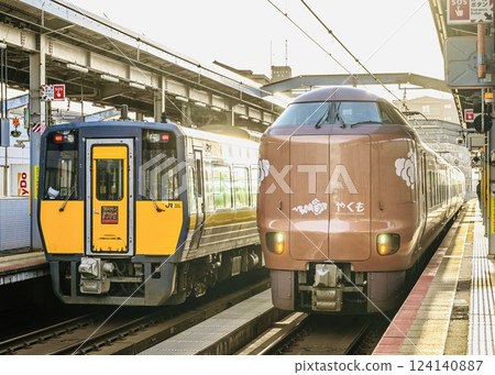 A miraculous moment as the Yakumoto and Super Matsukaze express trains wait for departure 124140887