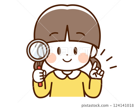 Child_girl with magnifying glass_pointing finger 124141018