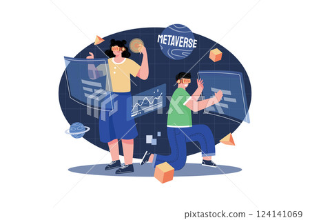 People experiencing metaverse ecosystem Illustration concept. A flat illustration isolated on white background 124141069