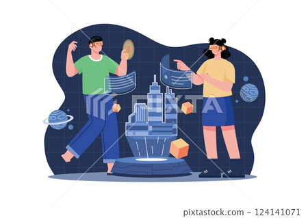 People building a virtual world Illustration concept. A flat illustration isolated on white background 124141071