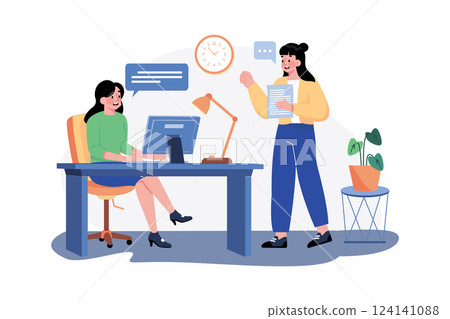 Girl chatting with employees Illustration concept. A flat illustration isolated on white background Girl chatting with employees Illustration concept. A flat illustration isolated on white background 124141088