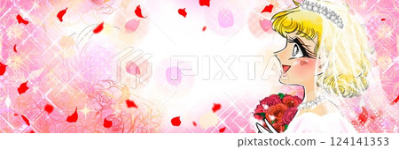 身穿婚紗的金髮女子手捧一束玫瑰花，風格類似昭和時代的少女漫畫，背景是玫瑰園 124141353