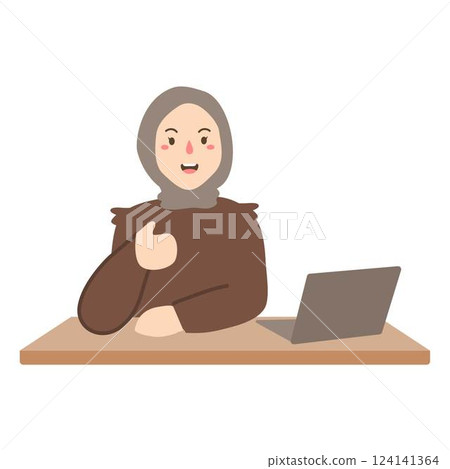 Happy with Laptop Working at Home Office 124141364