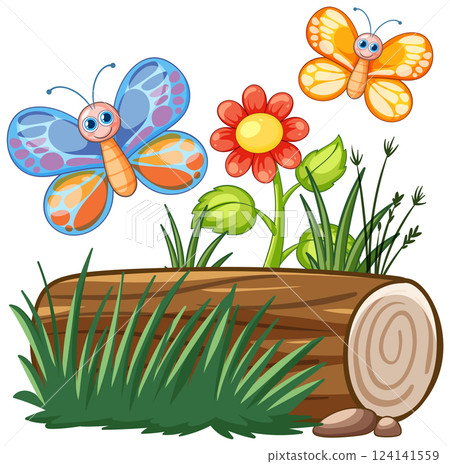 Colorful Butterflies and Flowers in Nature Scene Colorful Butterflies and Flowers in Nature Scene 124141559