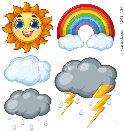 Cheerful Weather Icons with Sun and Rainbow Cheerful Weather Icons with Sun and Rainbow 124141564