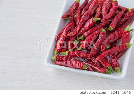Chili peppers on a white plate 124141646