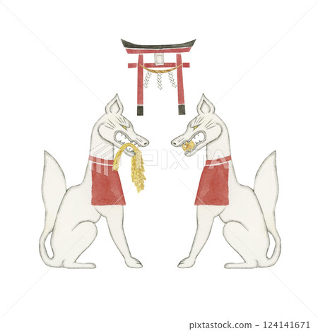 Inari God's messenger fox White fox Divine beast Spiritual beast Watercolor illustration 124141671