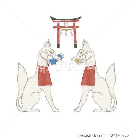 Inari God's messenger fox White fox Divine beast Spiritual beast Watercolor illustration 124141672