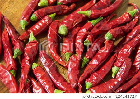 Red chili peppers on a wooden plate Red chili peppers on a wooden plate 124141727