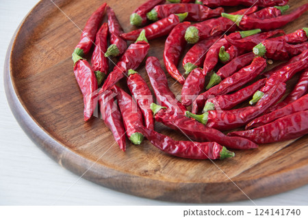 Red chili peppers on a wooden plate Red chili peppers on a wooden plate 124141740