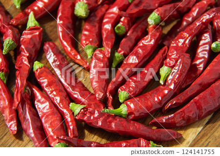 Red chili peppers on a wooden plate Red chili peppers on a wooden plate 124141755