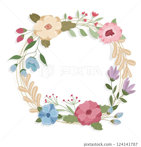 Circular floral frame with burgundy flowers, isolated on white background Circular floral frame with burgundy flowers, isolated on white background 124141787