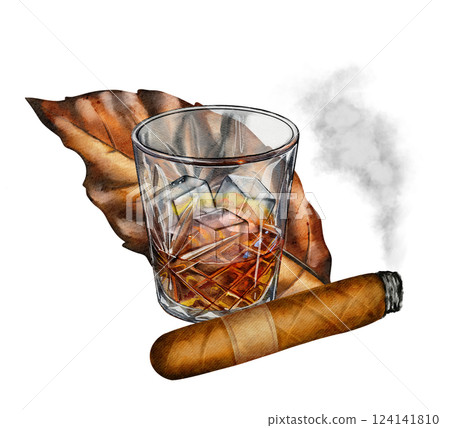 Whiskey glass, cigar, and tobacco leaf 124141810