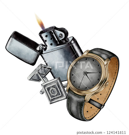 Wristwatch, Cufflinks, and Lighter Watercolor Illustration 124141811