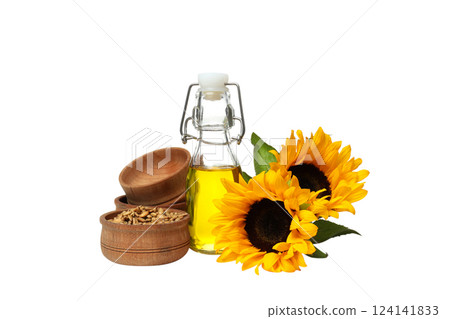 PNG, Oil in a glass bottle, sunflowers and bowls, isolated on white background PNG, Oil in a glass bottle, sunflowers and bowls, isolated on white background 124141833