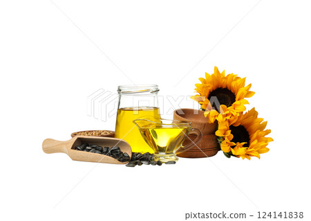 PNG, Oil in glass jars, bowls and scoop with sunflower seeds and flowers, isolated on white background PNG, Oil in glass jars, bowls and scoop with sunflower seeds and flowers, isolated on white background 124141838