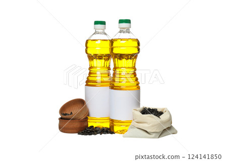 PNG, Sunflower oil in plastic bottles and seeds in bag and bowls, isolated on white background PNG, Sunflower oil in plastic bottles and seeds in bag and bowls, isolated on white background 124141850