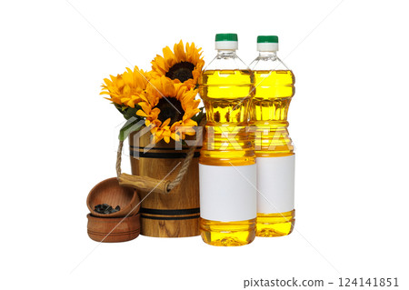 PNG, Oil in plastic bottles and sunflowers in wooden bucket, isolated on white background PNG, Oil in plastic bottles and sunflowers in wooden bucket, isolated on white background 124141851
