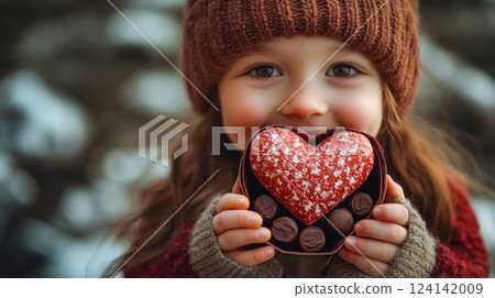A cheerful child in a warm knit hat and sweater holds a heart-shaped chocolate box with a red speckled candy centerpiece, radiating joy and sweetness in a cozy winter setting. 124142009