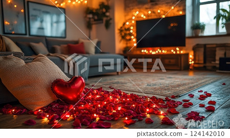 A cozy Valentine's setting with heart-shaped balloons, glowing heart lights, and scattered red petals on a wooden floor, surrounded by warm ambient lighting in a romantic living room. 124142010