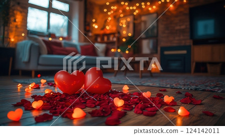 A cozy Valentine's setting with heart-shaped balloons, glowing heart lights, and scattered red petals on a wooden floor, surrounded by warm ambient lighting in a romantic living room. 124142011