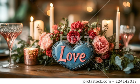 A heart shaped Love sign is nestled amidst a stunning floral centerpiece of pink and red roses, surrounded by glowing candles and elegant crystal glasses on a rustic wooden table. 124142012