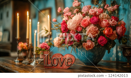A romantic arrangement of vibrant roses in a ceramic vase graces a wooden table, complemented by glowing candlelight and a decorative Love  sign, creating a warm and enchanting atmosphere. 124142013