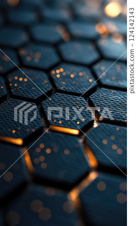 Elegant honeycomb pattern with subtle glowing elements creating a striking visual effect in a dark environment 124142143