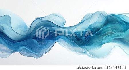 Flowing blue abstract fabric creates a serene atmosphere in a modern art setting with soft light 124142144