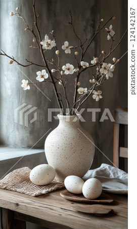Elegant vase with spring branches and decorative eggs on a wooden table by a window in a serene indoor setting Elegant vase with spring branches and decorative eggs on a wooden table by a window in a serene indoor setting 124142167