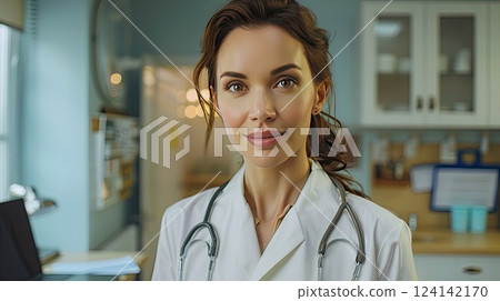 Doctor in a medical office smiling warmly while wearing a stethoscope and white coat Doctor in a medical office smiling warmly while wearing a stethoscope and white coat 124142170