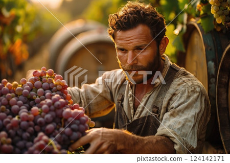 Vineyard worker harvesting grapes at sunset during autumn in a tranquil winery setting Vineyard worker harvesting grapes at sunset during autumn in a tranquil winery setting 124142171